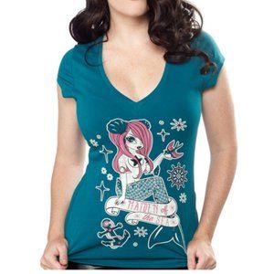 Maiden of the Sea Mermaid V-Neck Shirt Retro Tattoo Sailor Punk Rockabilly NWT
